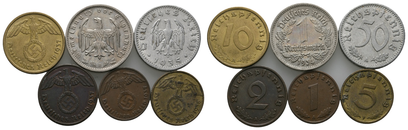  Deutsches Reich; Dritte Reich; Lot Kleinmünzen (6 Stück)   