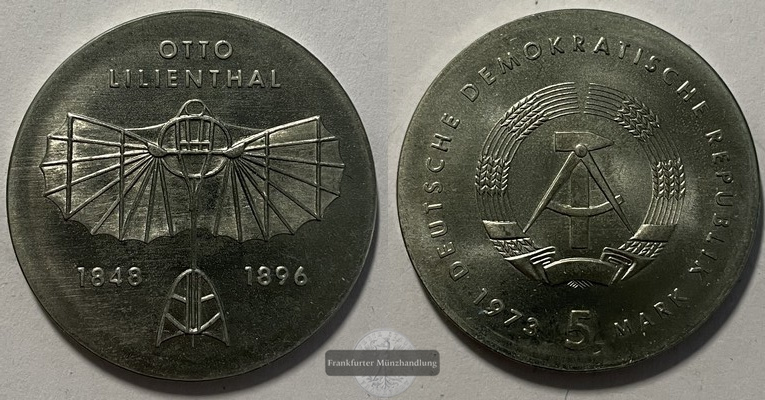  Deutschland  DDR  5 Mark  1973   Otto Lilienthal  KM#43  FM-Frankfurt  Ku/Ni/Zn   