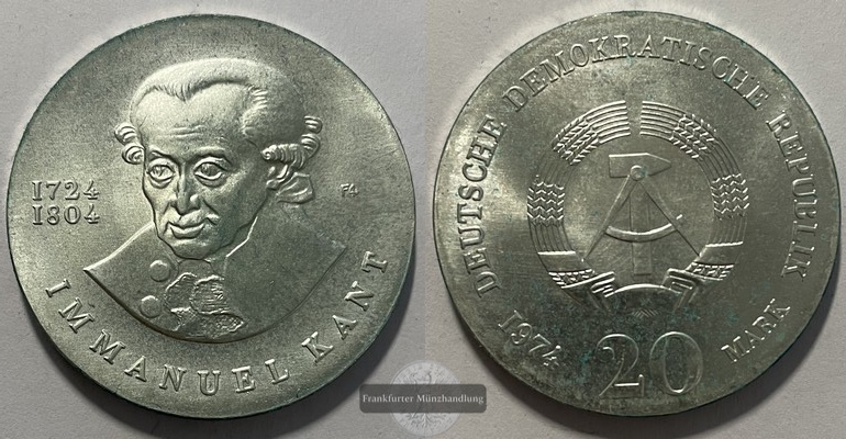  Deutschland DDR  20 Mark  1974 Immanuel Kant  KM#53  FM-Frankfurt  Feinsilber: 13,06g   