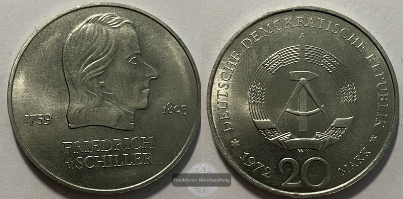  Deutschland DDR  20 Mark  1972  Friedrich von Schiller KM#40  FM-Frankfurt  Ku/Zi/Ni   