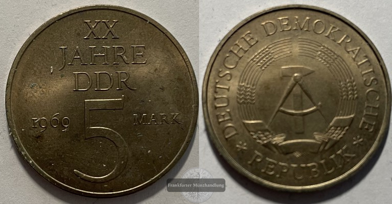  Deutschland DDR  5 Mark 1969 20 Jahre DDR KM#22  FM-Frankfurt  Ku/Me   