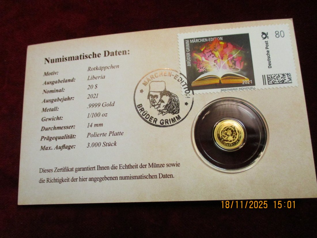  Anlagegold 9999er Gold Gewicht: 1/100 oz in Gramm: 0,311g Märchen Brüder Grimm   