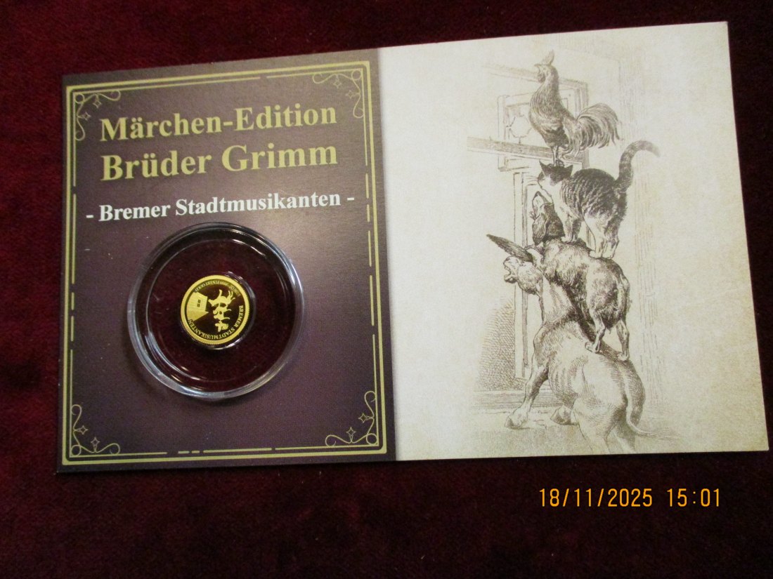  Anlagegold 9999er Gold Gewicht: 1/100 oz in Gramm: 0,311g Märchen Brüder Grimm   