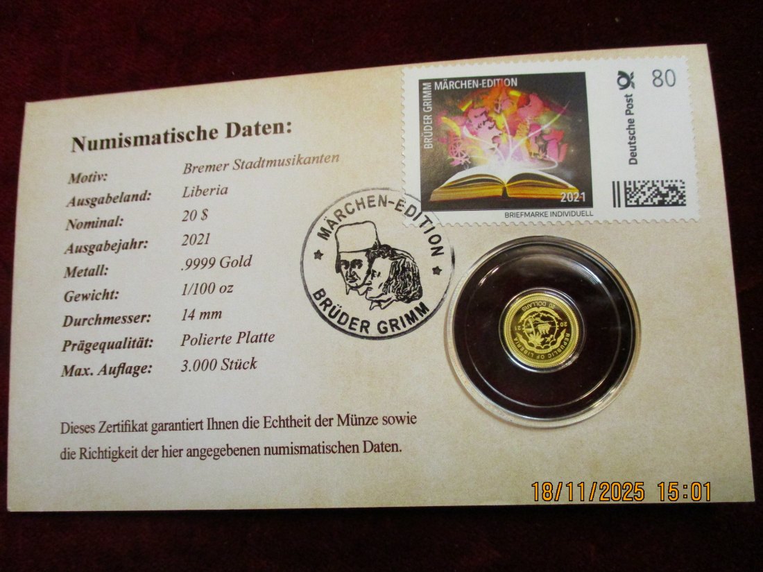  Anlagegold 9999er Gold Gewicht: 1/100 oz in Gramm: 0,311g Märchen Brüder Grimm   