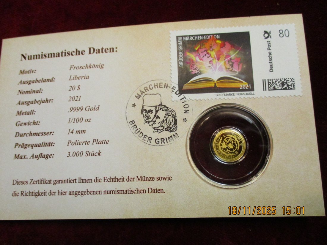  Anlagegold 9999er Gold Gewicht: 1/100 oz in Gramm: 0,311g Märchen Brüder Grimm   