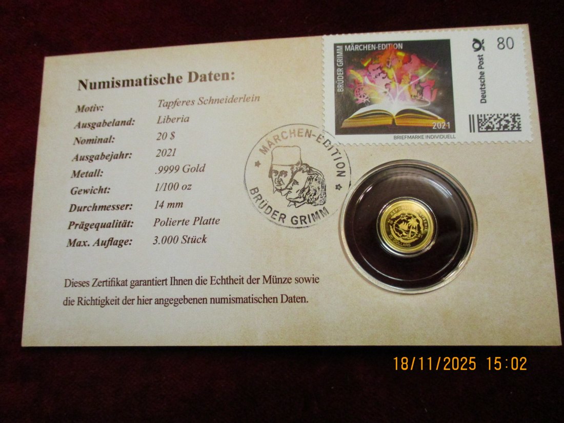  Anlagegold 9999er Gold Gewicht: 1/100 oz in Gramm: 0,311g Märchen Brüder Grimm   