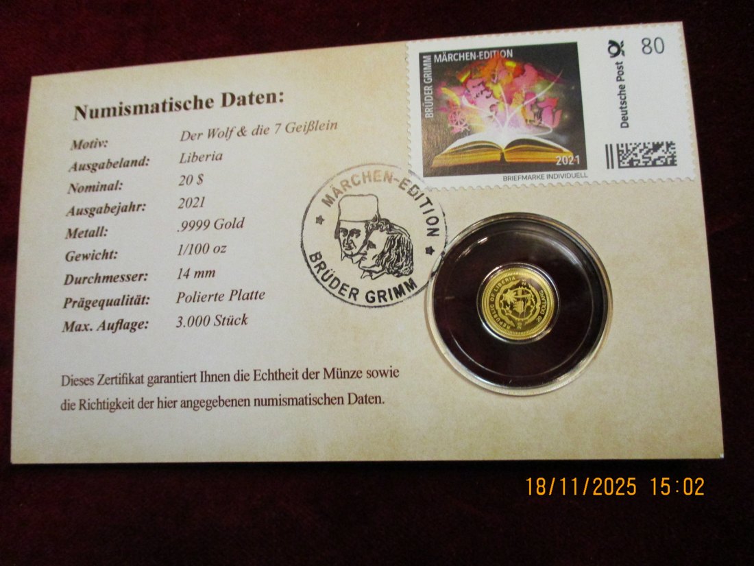  Anlagegold 9999er Gold Gewicht: 1/100 oz in Gramm: 0,311g Märchen Brüder Grimm   
