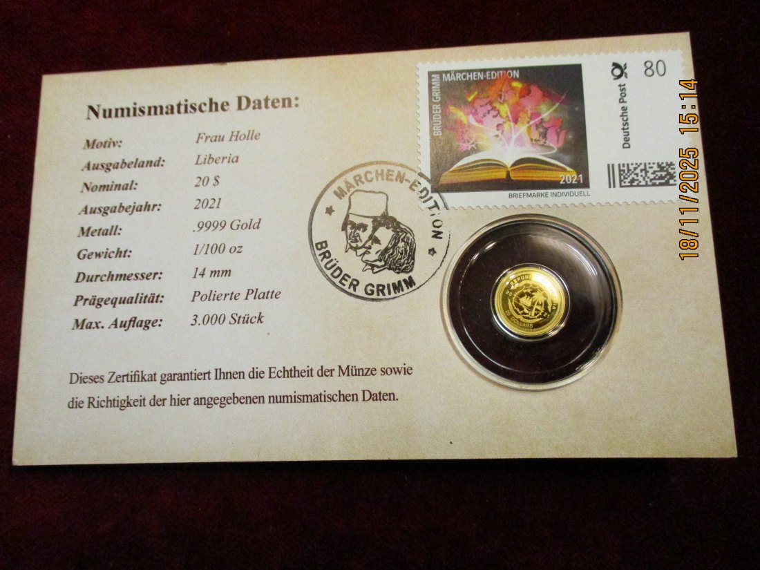  Anlagegold 9999er Gold Gewicht: 1/100 oz in Gramm: 0,311g Märchen Brüder Grimm   