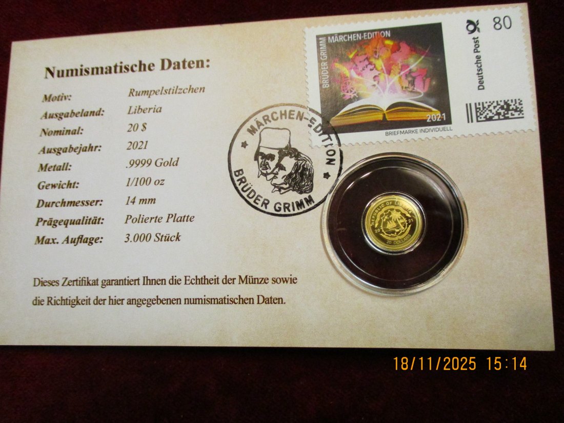  Anlagegold 9999er Gold Gewicht: 1/100 oz in Gramm: 0,311g Märchen Brüder Grimm   