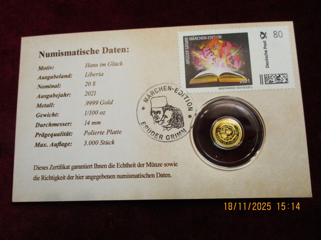  Anlagegold 9999er Gold Gewicht: 1/100 oz in Gramm: 0,311g Märchen Brüder Grimm   