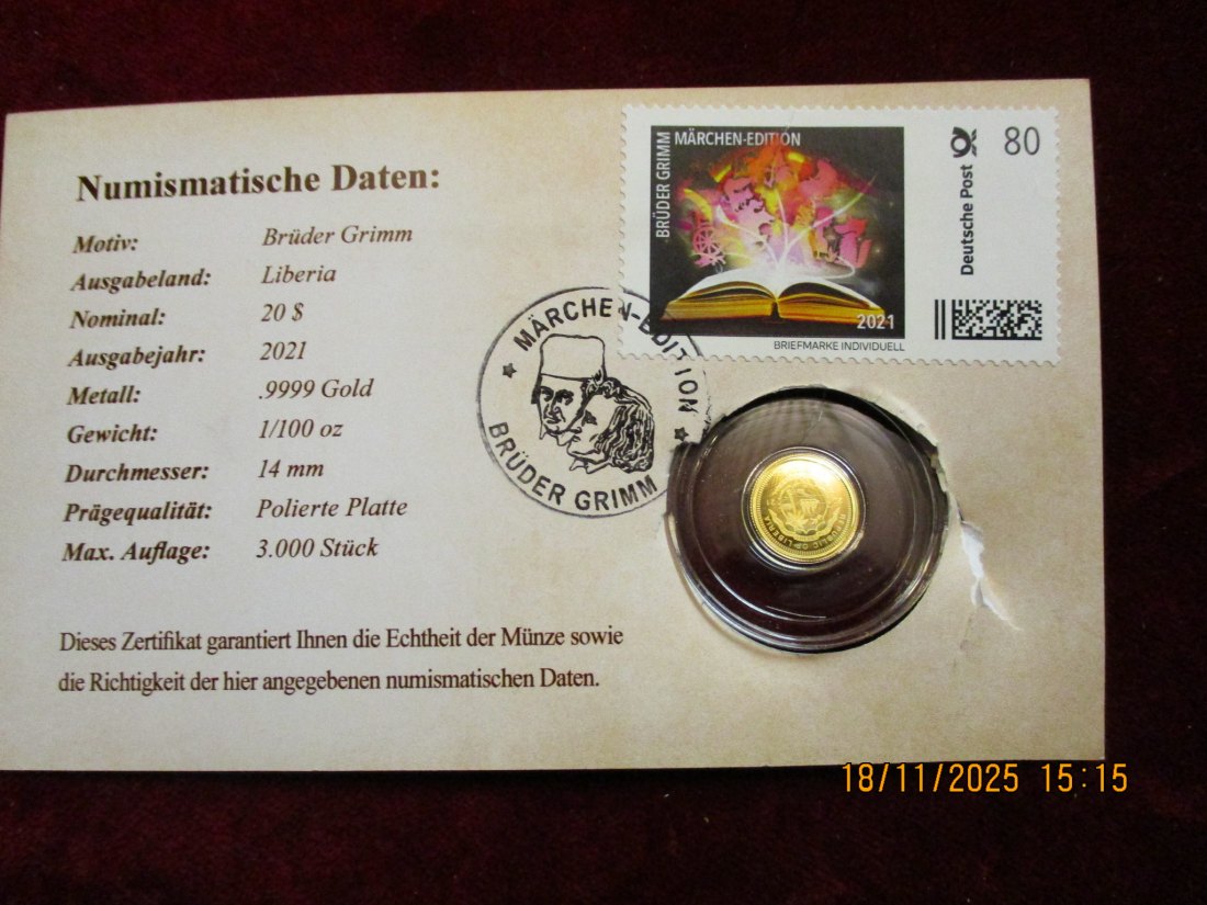  Anlagegold 9999er Gold Gewicht: 1/100 oz in Gramm: 0,311g Märchen Brüder Grimm   