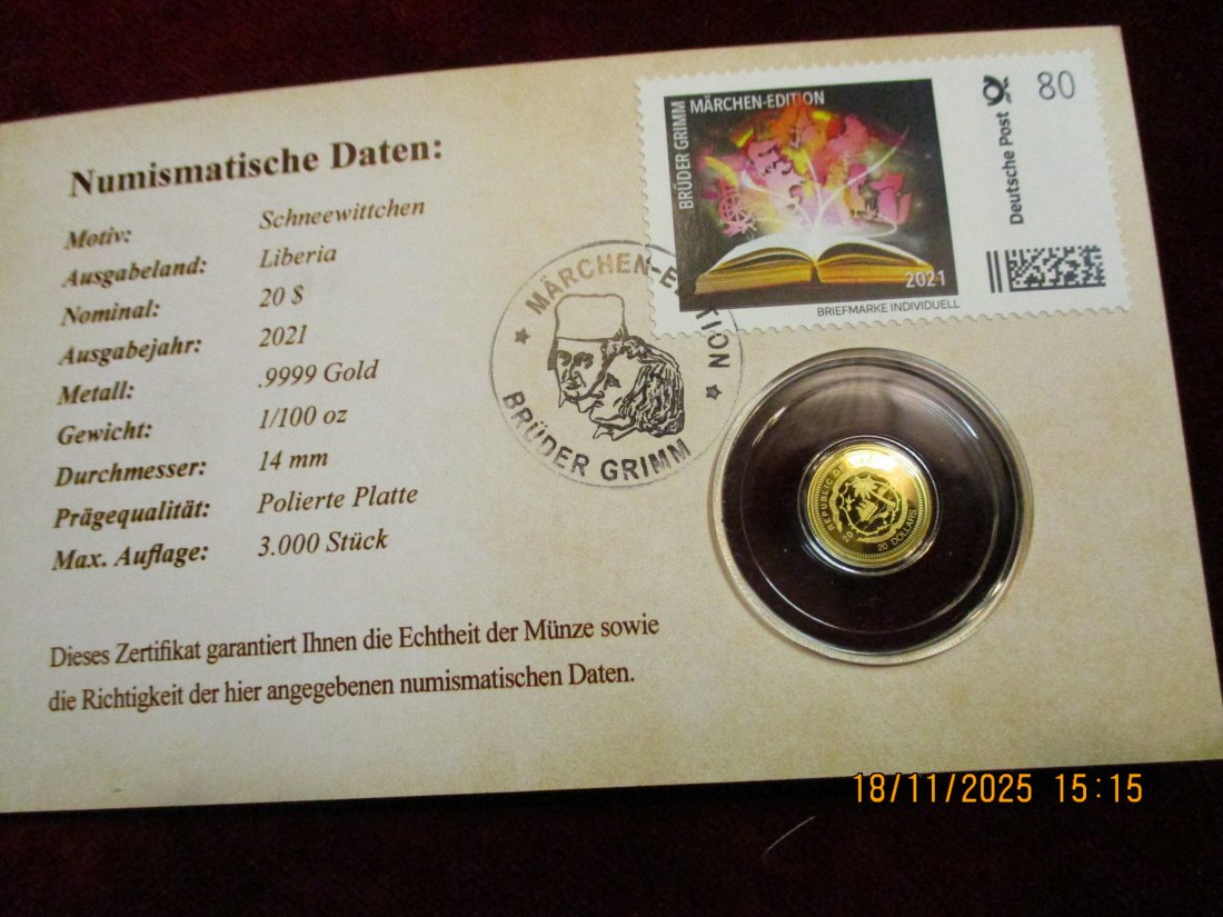  Anlagegold 9999er Gold Gewicht: 1/100 oz in Gramm: 0,311g Märchen Brüder Grimm   