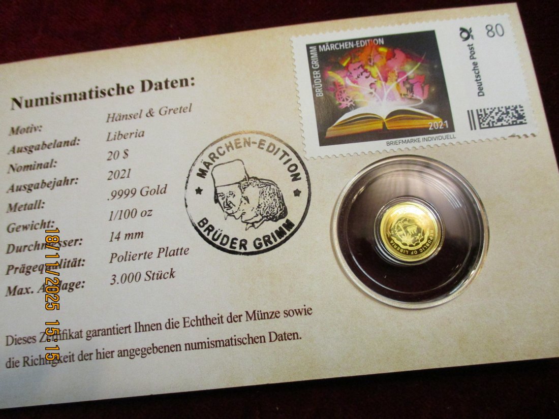  Anlagegold 9999er Gold Gewicht: 1/100 oz in Gramm: 0,311g Märchen Brüder Grimm   
