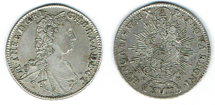  SZAIVERT RDR HABSBURG ÖSTERREICH UNGARN MARIA THERESIA XVII KREUZER 1763 K-B KREMNITZ   