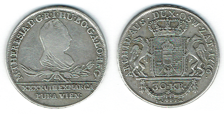  SZAIVERT RDR HABSBURG ÖSTERREICH UNGARN MARIA THERESIA 30 KREUZER 1776 WIEN FÜR GALIZIEN   