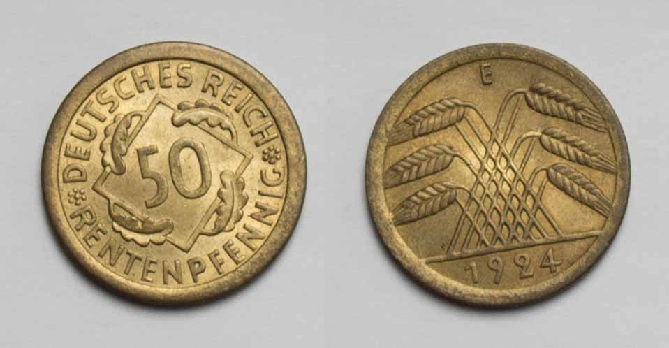  Weimarer Republik 50 Rentenpfennig 1924 E vz.   
