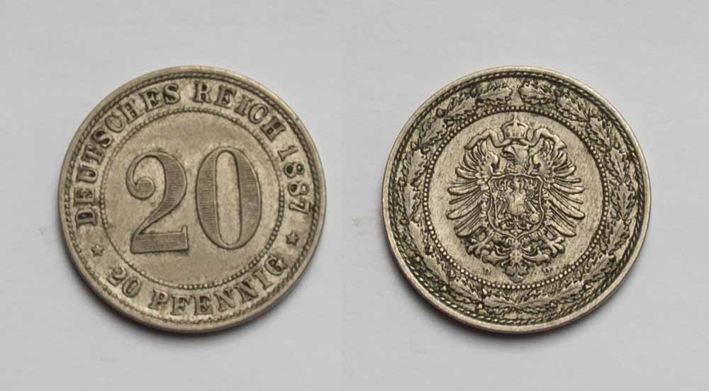  Kaiserreich 20 Pfennig 1887 D ss+   