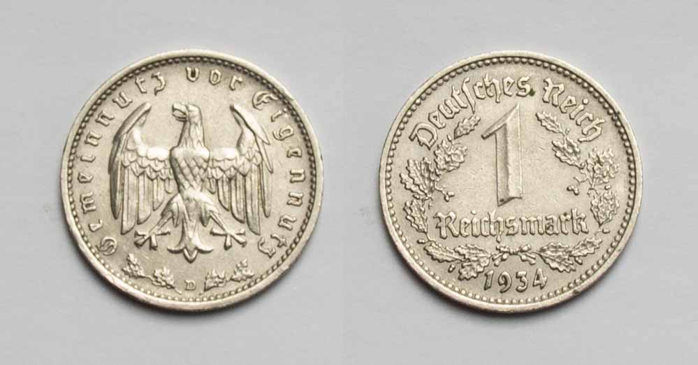  Drittes Reich 1 Reichsmark 1934 D vz-stgl.   