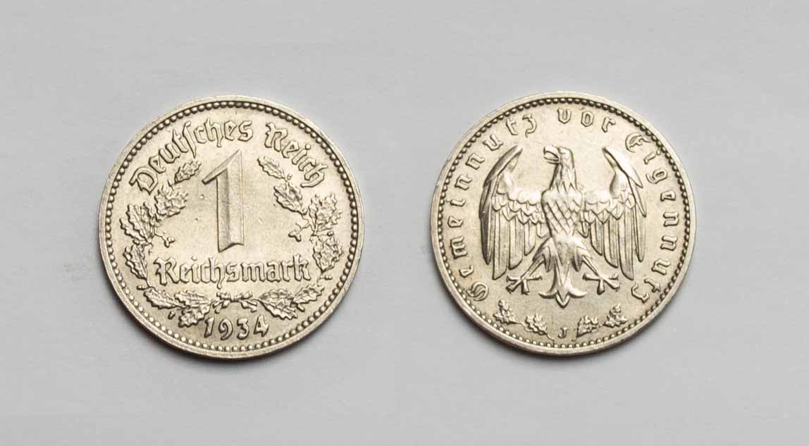  Drittes Reich 1 Reichsmark 1934 J vz-stgl.   