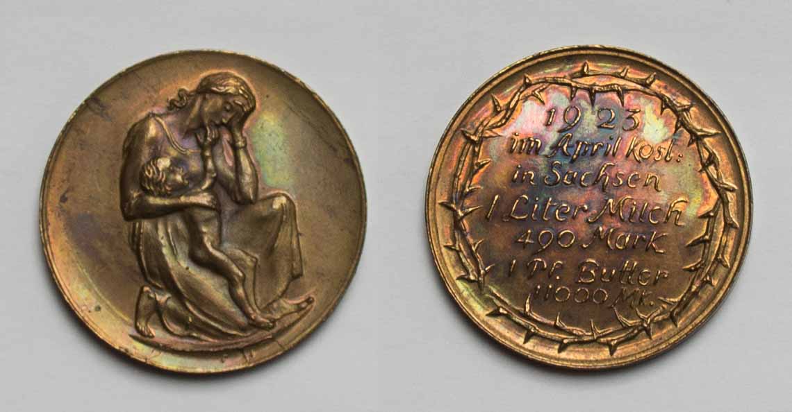  Weimarer Republik Hungermedaille 1923 Im April kost. in Sachsen PP. kräftige Patina   