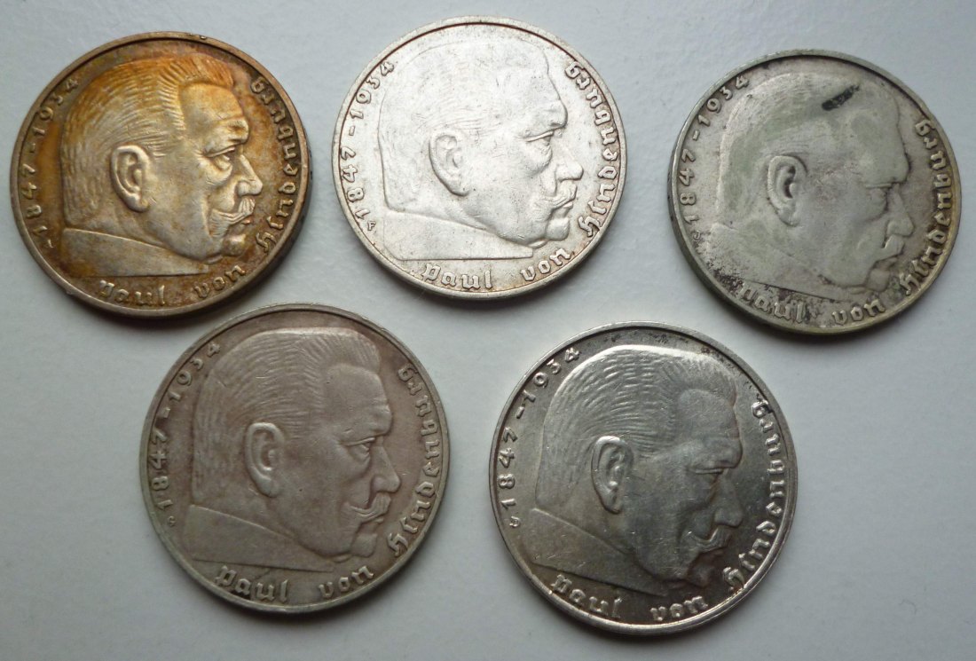  Deutsches Reich 5x 2 Reichsmark 1937-1939 Hindenburg 25g Feinsilber   