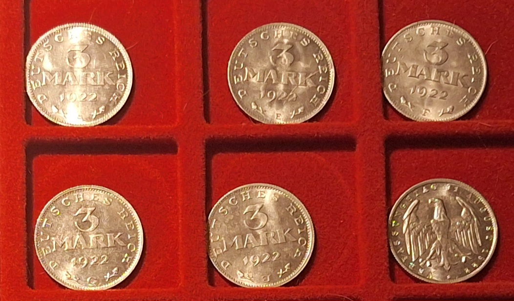  Weimarer Republik, 3 MARK, 1922 fünf Prägestellen   