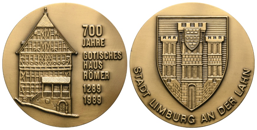  Medaille 1989; Limburg ab der Lahn; 700 Jahre Gotisches Haus; Messing; 121,04 g ; Ø 69,5 mm, Im Etui   