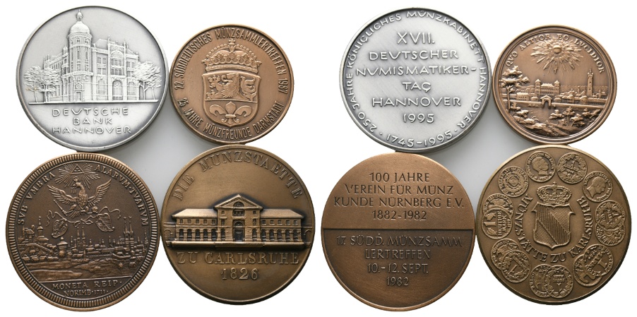  4 Medaillen; Numismatiker Tag 1995; Münzsammlertreffen 1982 und 1987; Münzstätte Karlsruhe 1826   