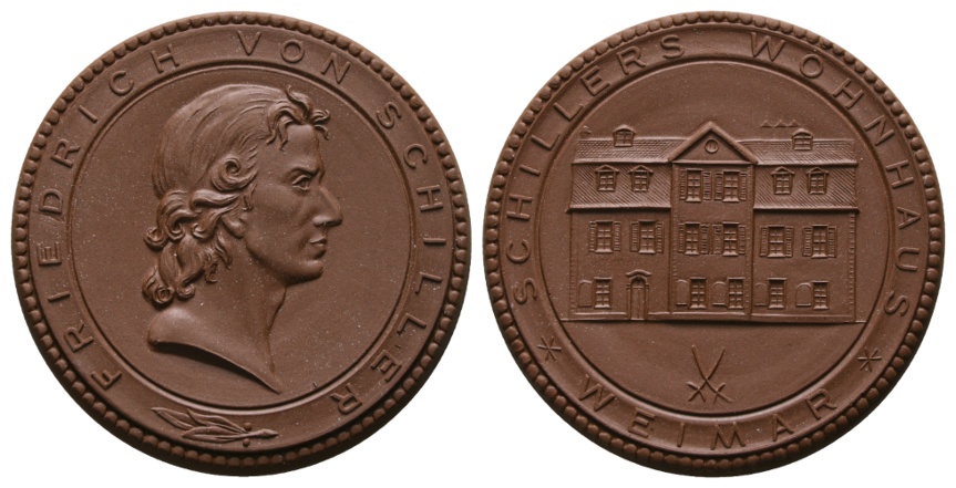  Medaille; Schillers Wohnhaus Weimar; Friedrich von Schiller; Porzellan; 19,93 g, Ø 50,7 mm   