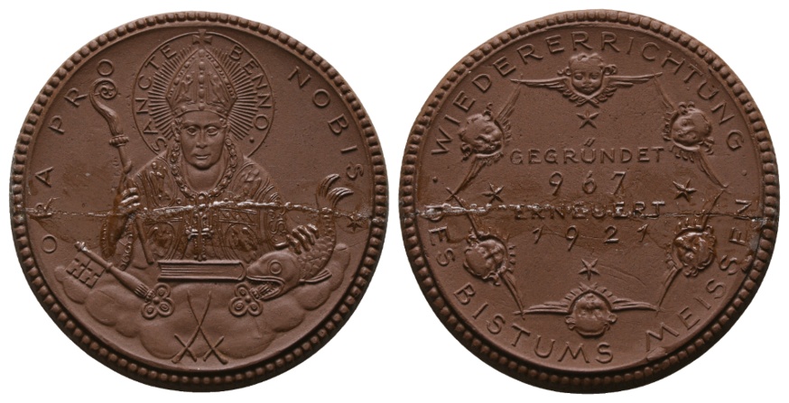  Medaille; Meissen; Wiedererrichtung 1921; Porzellan; geklebt; 16,71 g, Ø 49,0 mm   