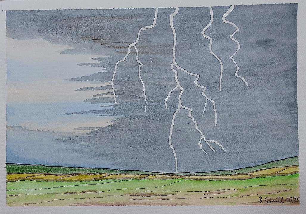  AQUARELLBILD / TITEL GEWITTER & BLITZ (1) / FORMAT A4 (21x29,7cm) / 10/2025   
