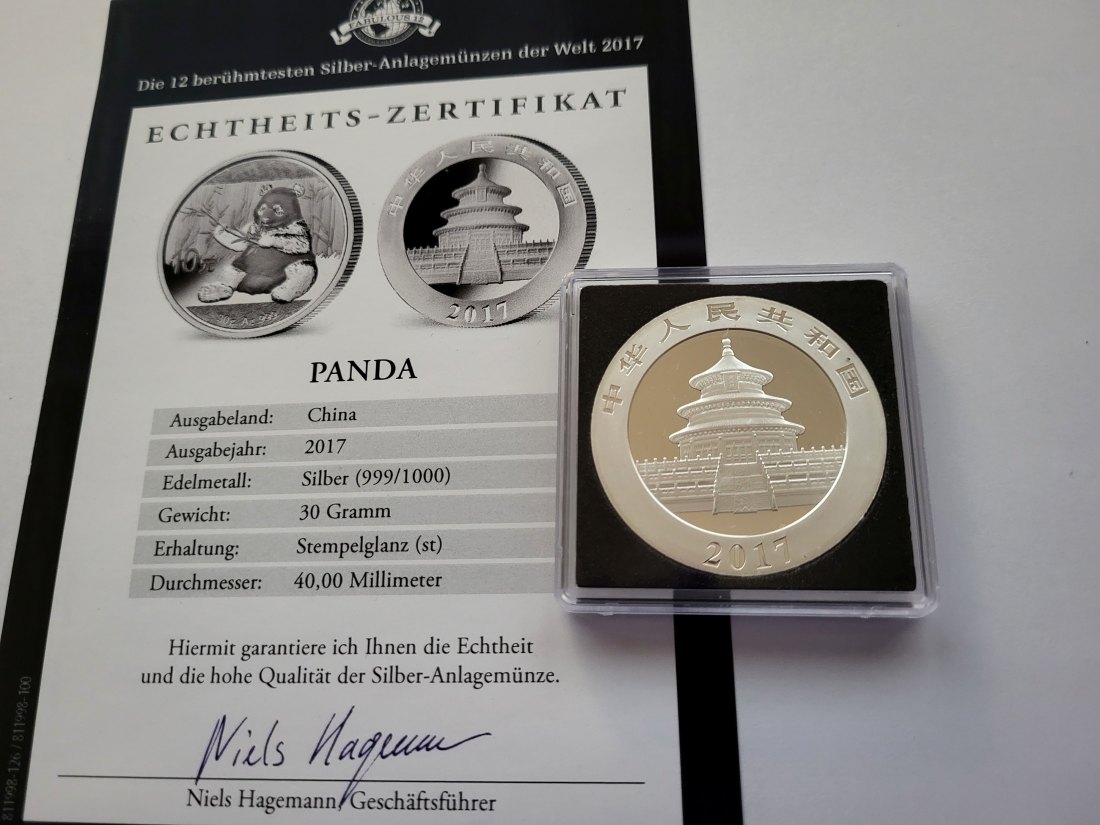  10 Yuan 2017 Panda Die 12 berühmtesten Silbermünzen der Welt 999/30g China Spittalgold9800 (5455   