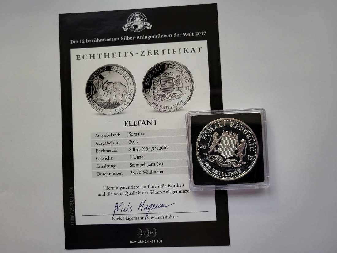  100 Shillings 2017 Elephant Die 12 berühmtesten Silbermünzen 1 Oz Somalia Spittalgold9800 (5455)   