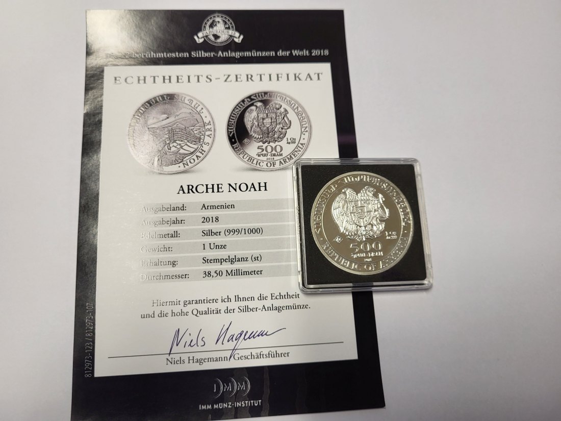  500 Dram 2018 Arche Noah 1 Oz Die 12 berühmtesten Silbermünzen der We Armenien Spittalgold9800 (5455   