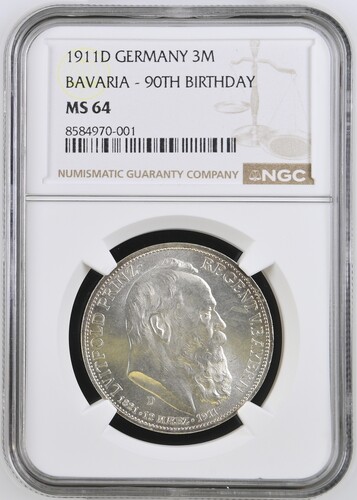  1911 D 3 Mark – Bayern / 90. Geburtstag Prinzregent Luitpold NGC MS 64   