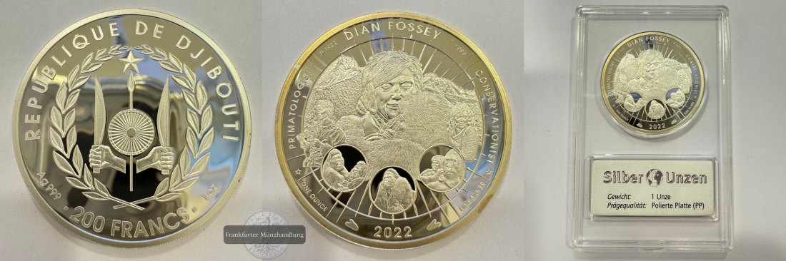  Rep. of Djibouti 200 Francs (Dian Fossey) 2022 FM-Frankfurt Feinsilber: 31,3g   