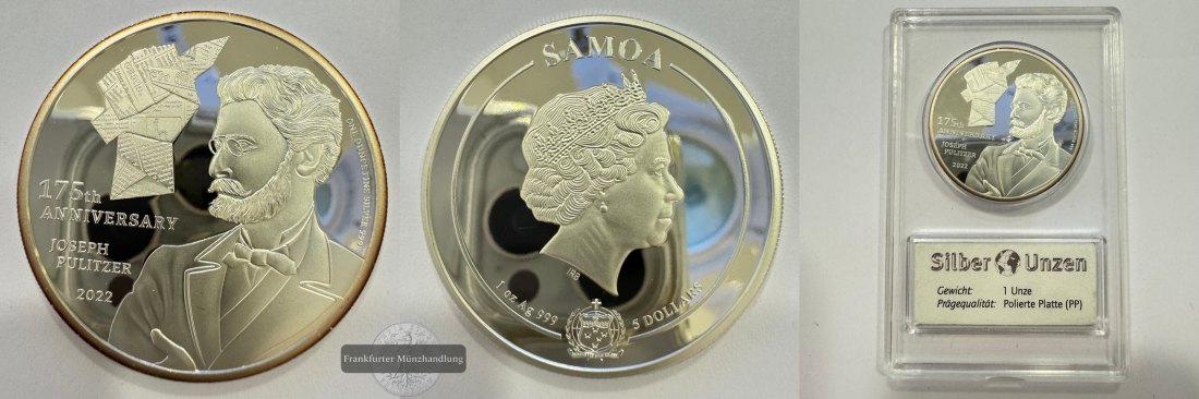  Samoa 5 Dollars (Joseph Paulitzer) 2022 FM-Frankfurt Feinsilber: 31,3g   