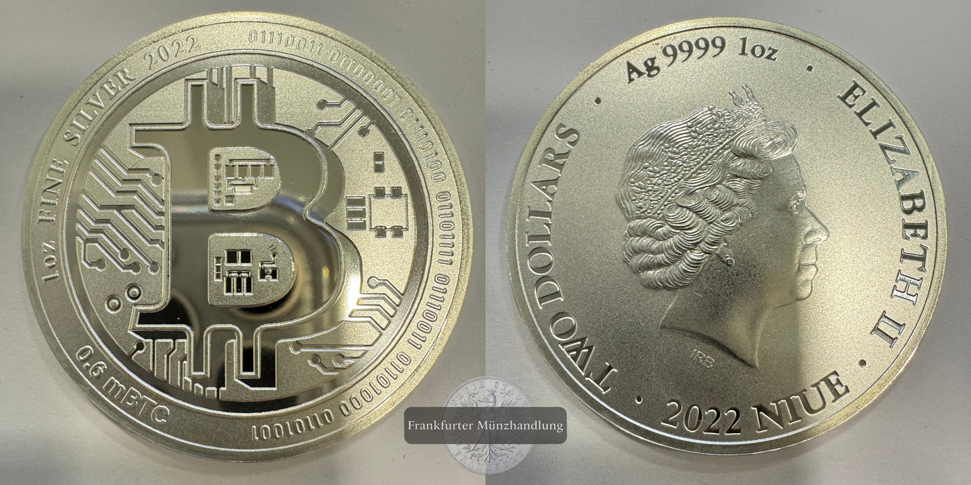  Niue 2 Dollars Elizabeth II (Bitcoin) 2022 FM-Frankfurt KM#4861 Feinsilber: 31,1g   