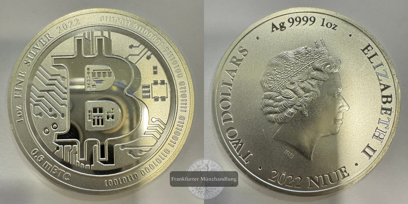  Niue 2 Dollars Elizabeth II (Bitcoin) 2022 FM-Frankfurt KM#4861 Feinsilber: 31,1g   