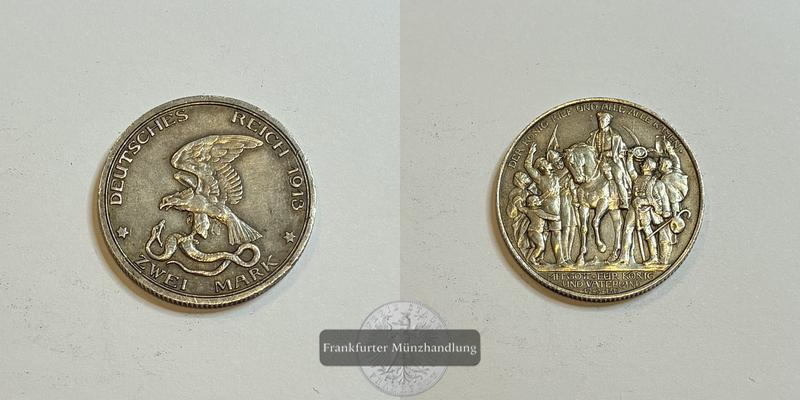  Deutsches Kaiserreich Preussen 2 Mark 1913 Befreiung J#109 FM-Frankfurt Feinsilber:9,9g   