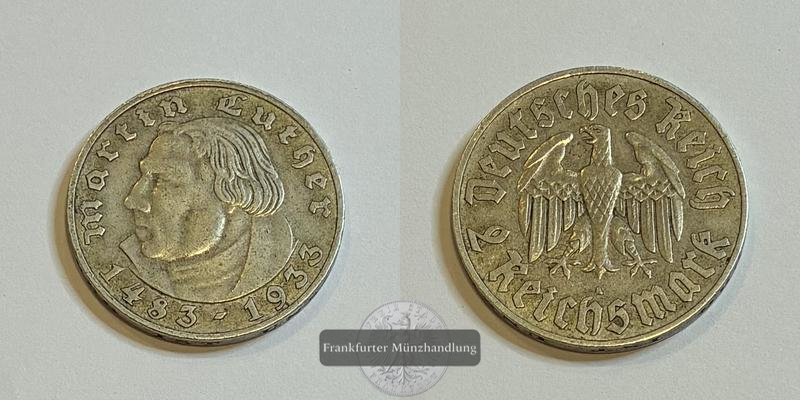  Deutschland Drittes Reich 2 Reichsmark 1933 A Martin Luther FM-Frankfurt Feinsilber: 5g   