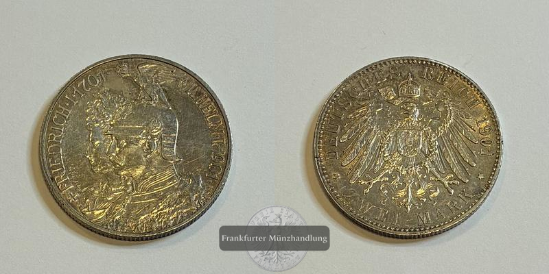  Deutsches Kaiserreich Preussen 1901 2 Mark 200 Jahre Preußen FM-Frankfurt Feinsilber: 10g   