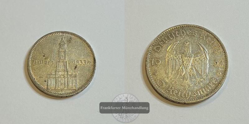  Deutschland Drittes Reich 5 Reichsmark 1934 1. Jahrestag Garnison FM-Frankfurt Feinsilber:12,5   