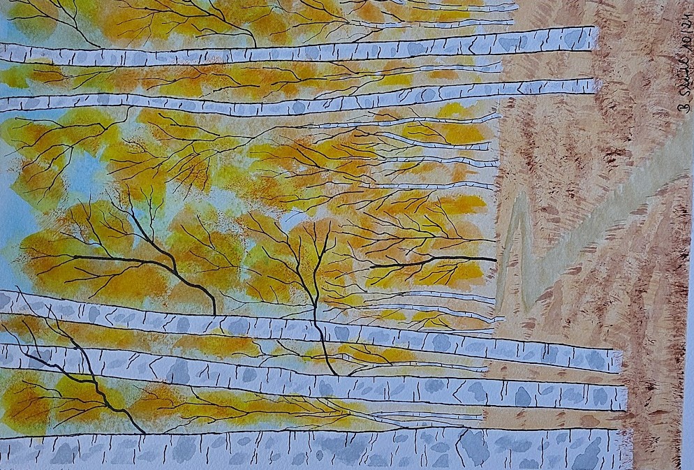  AQUARELLBILD / WEG IM HERBSTLICHEN BIRKENWALD / FORMAT A4 (21x29,7cm) / 10/2024   