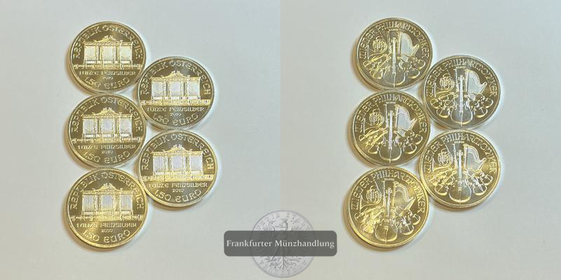  Österreich 1,50 Euro Wiener Philharmoniker 2010 5 Münzen LOT FM-Frankfurt Feinsilber: 155g   