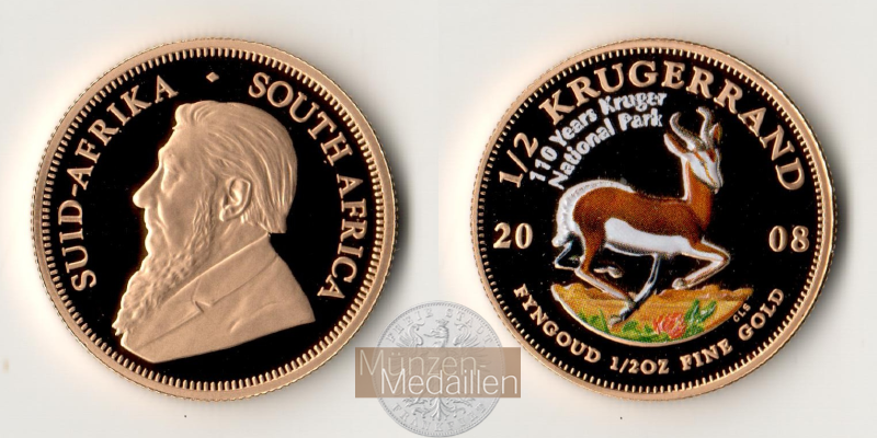  Südafrika 1/2 Ounce Krugerrand 2008 Colored Proof MM-Frankfurt Feingold: 15,56g   