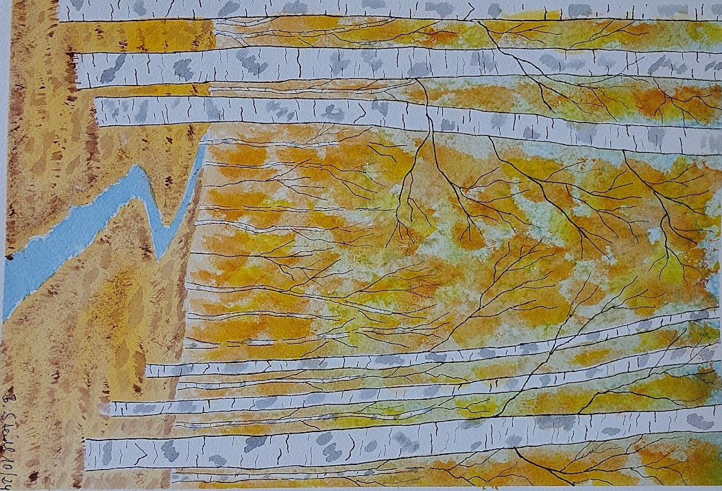  AQUARELLBILD / BACH IM HERBSTLICHEN BIRKENWALD / FORMAT A4 (21x29,7cm) / 10/2024 / ARCHES   