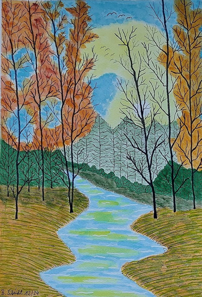  AQUARELLBILD / HERBSTWALD MIT BACH / FORMAT A4 (21x29,7cm) / 12/2024 / ARCHES   