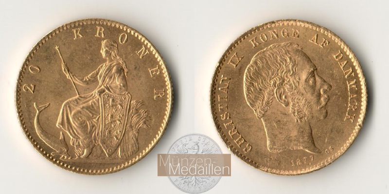 Dänemark MM-Frankfurt Feingold: 8,06g 20 Kronen 1877 