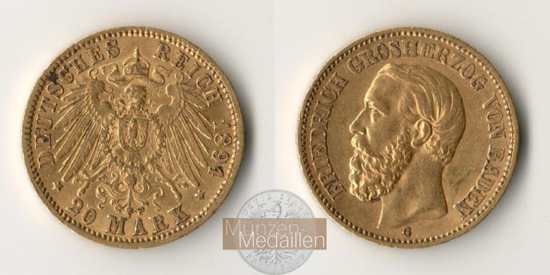 Dt. Kaiserreich Baden, Friedrich I MM-Frankfurt KM#270 Feingold: 7,17g 20 Mark (1894-1895) 1894 G 